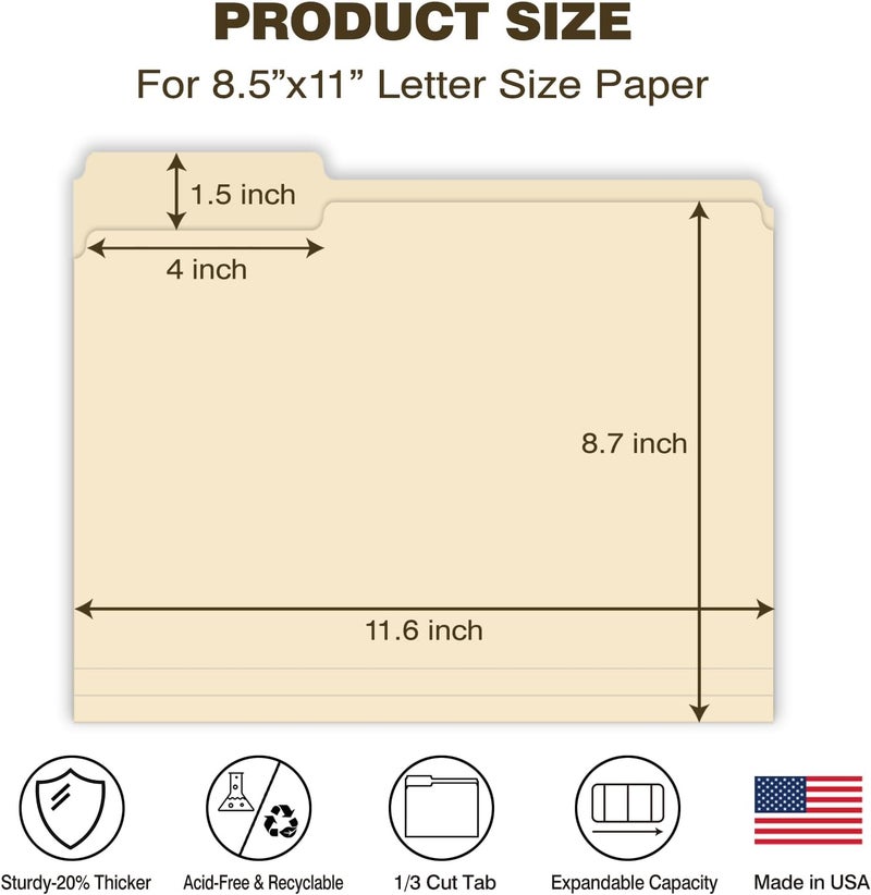 WritePads Manila File Folders 100-Pack Letter Size 8.5" x 11" Manilla Folder with 1/3-Cut Tabs Durable Pressboard Folders for Hanging Files, Office, School, Home, Business Filing Supplies Made in USA (Classic) - Image 2